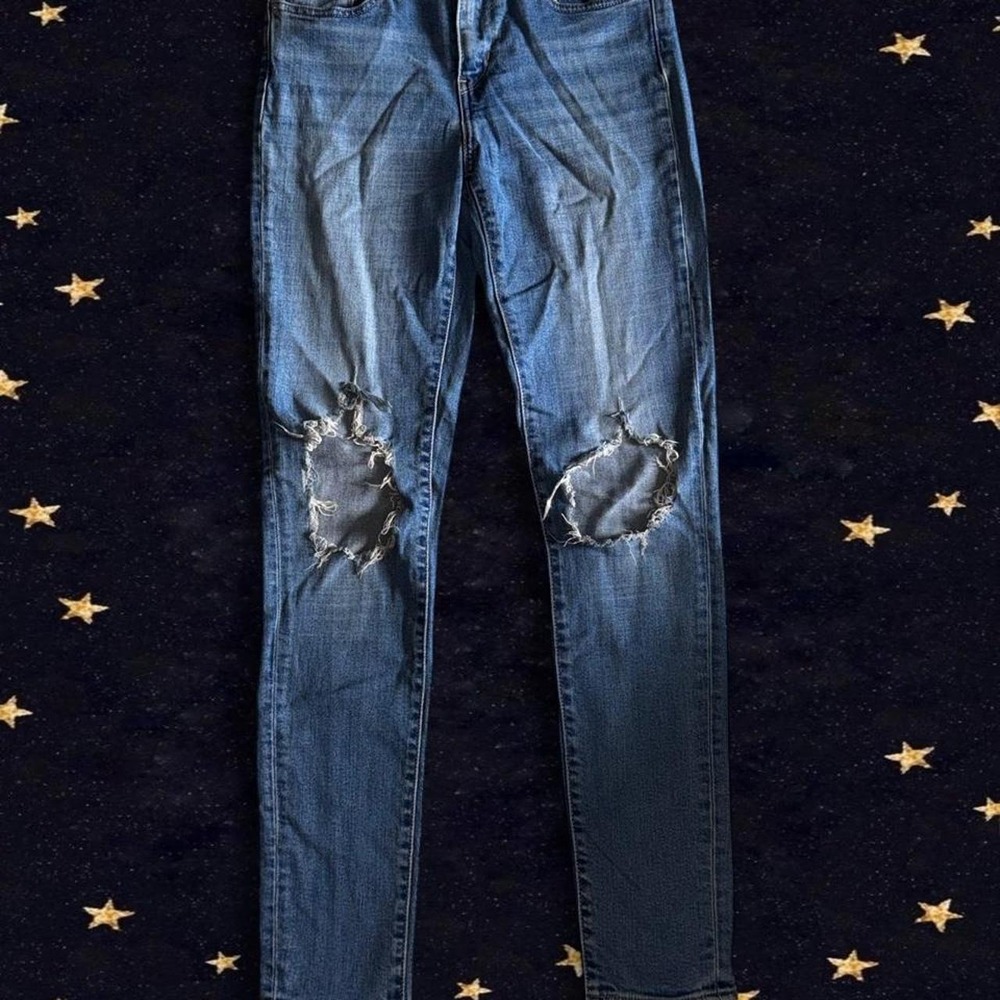 Levis Premium 721 High Rise Skinny Jeans Blue Distressed Denim Womens 26